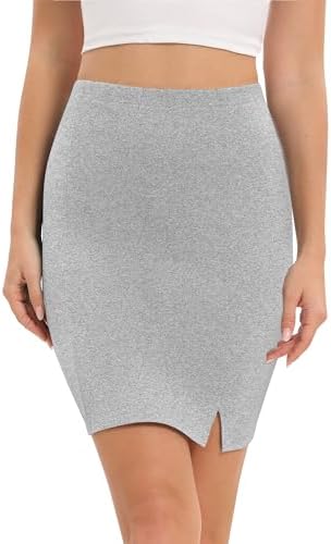 Basic Mini Pencil Skirt Slit High Waist Bodycon Stretch Short Wrap Skirt, Light Gray