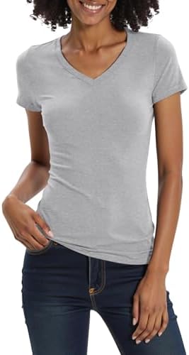 Basic Slim Fitted Tee Tops Short Sleeve Stretchy Bodycon V-Neck Tight T-Shirt, Heather Grey