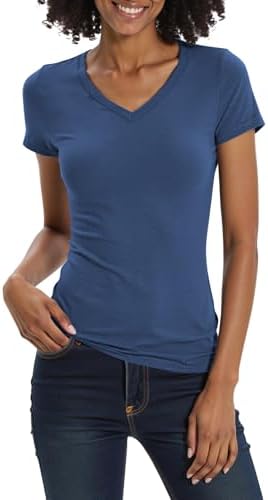 Basic Slim Fitted Tee Tops Short Sleeve Stretchy Bodycon V-Neck Tight T-Shirt Indigo, Indigo Blue