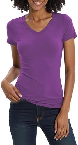 Basic Slim Fitted Tee Tops Short Sleeve Stretchy Bodycon V-Neck Tight T-Shirt, Light Purple