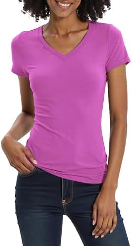 Basic Slim Fitted Tee Tops Short Sleeve Stretchy Bodycon V-Neck Tight T-Shirt Pink Orchid, Pink Orchid
