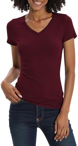 Basic Slim Fitted Tee Tops Short Sleeve Stretchy Bodycon V-Neck Tight T-Shirt, Wine Red