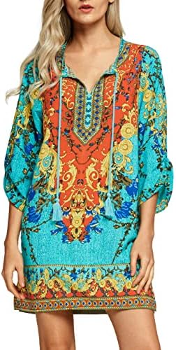 Bohemian Neck Tie Vintage Printed Ethnic Style Summer Shift Dress, Pattern 1