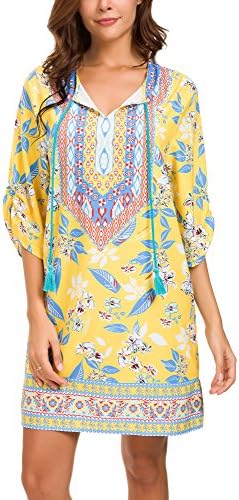 Bohemian Neck Tie Vintage Printed Ethnic Style Summer Shift Dress, Pattern 13