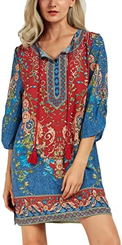 Bohemian Neck Tie Vintage Printed Ethnic Style Summer Shift Dress, Pattern 2