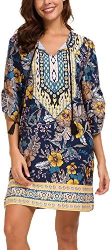 Bohemian Neck Tie Vintage Printed Ethnic Style Summer Shift Dress, Pattern 23