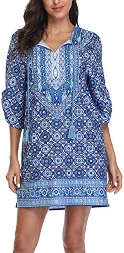 Bohemian Neck Tie Vintage Printed Ethnic Style Summer Shift Dress, Pattern 26