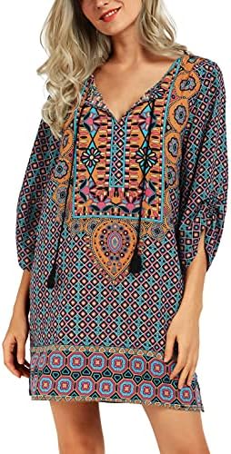 Bohemian Neck Tie Vintage Printed Ethnic Style Summer Shift Dress, Pattern 5