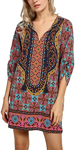 Bohemian Neck Tie Vintage Printed Ethnic Style Summer Shift Dress, Pattern 6