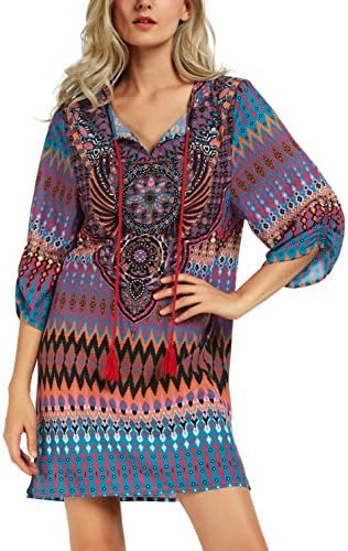 Bohemian Neck Tie Vintage Printed Ethnic Style Summer Shift Dress, Pattern 7