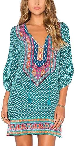 Bohemian Neck Tie Vintage Printed Ethnic Style Summer Shift Dress