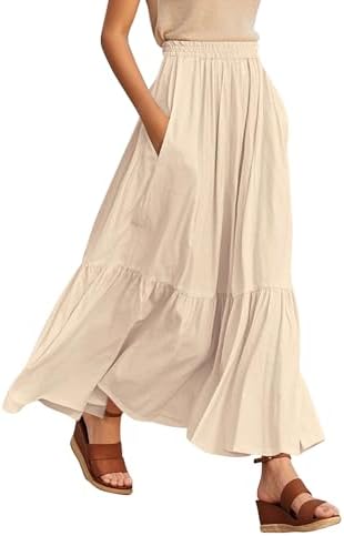 Boho Maxi Skirt Elastic Waist Flowy A-Line with Pockets, Beige
