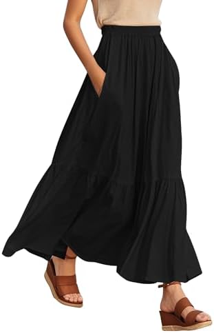 Boho Maxi Skirt Elastic Waist Flowy A-Line with Pockets, Black