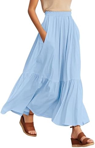 Boho Maxi Skirt Elastic Waist Flowy A-Line with Pockets, Blue