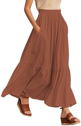 Boho Maxi Skirt Elastic Waist Flowy A-Line with Pockets, Coffee