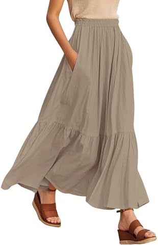 Boho Maxi Skirt Elastic Waist Flowy A-Line with Pockets, Khaki