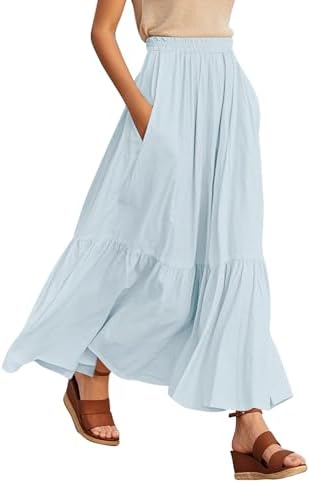Boho Maxi Skirt Elastic Waist Flowy A-Line with Pockets, Light Blue