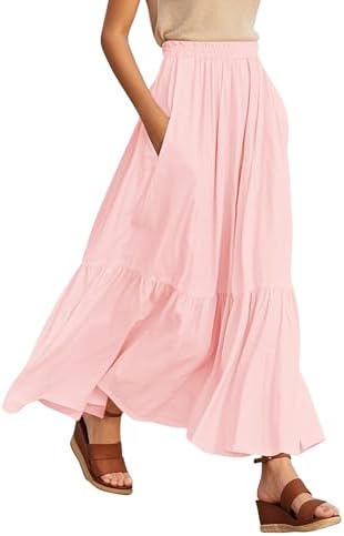 Boho Maxi Skirt Elastic Waist Flowy A-Line with Pockets, Light Pink