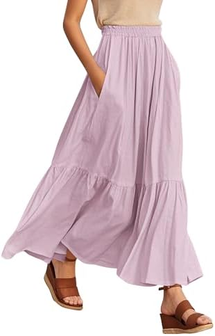 Boho Maxi Skirt Elastic Waist Flowy A-Line with Pockets, Light Purple