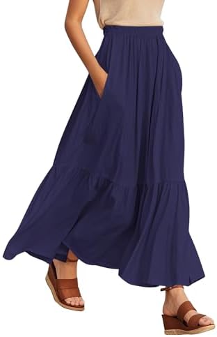 Boho Maxi Skirt Elastic Waist Flowy A-Line with Pockets, Navy Blue