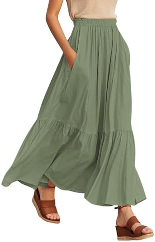 Boho Maxi Skirt Elastic Waist Flowy A-Line with Pockets, Olive Green