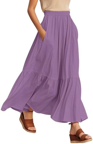Boho Maxi Skirt Elastic Waist Flowy A-Line with Pockets, Purple