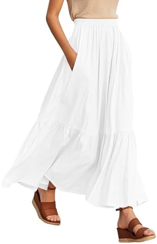 Boho Maxi Skirt Elastic Waist Flowy A-Line with Pockets, White