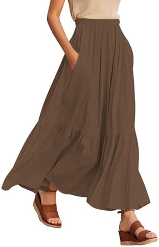 Boho Maxi Skirt Elastic Waist Flowy A-Line with Pockets