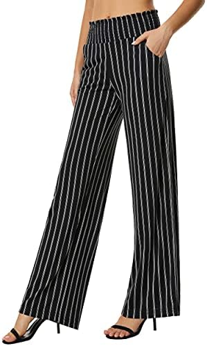 Boho Palazzo Pants Wide Leg Beach Pants High Waisted Lounge Pants with Pockets, Black / White