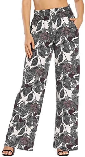 Boho Palazzo Pants Wide Leg Beach Pants High Waisted Lounge Pants with Pockets, Grey And White