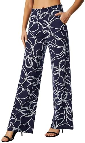 Boho Palazzo Pants Wide Leg Beach Pants High Waisted Lounge Pants with Pockets, Navy Blue 15
