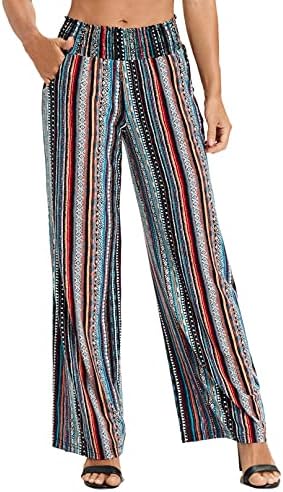 Boho Palazzo Pants Wide Leg Beach Pants High Waisted Lounge Pants with Pockets, Print #14