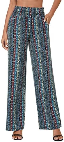 Boho Palazzo Pants Wide Leg Beach Pants High Waisted Lounge Pants with Pockets, Print #17