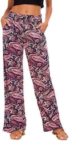 Boho Palazzo Pants Wide Leg Beach Pants High Waisted Lounge Pants with Pockets, Print #6