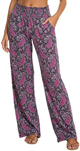 Boho Palazzo Pants Wide Leg Beach Pants High Waisted Lounge Pants with Pockets, Print #8