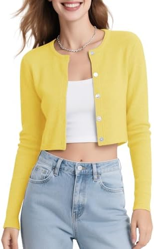 Button Down Crew Neck Cropped Cardigan Lightweight Shrug Kint Sweater, Lemon Yellow
