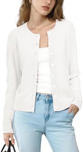 Button Up Cardigan Sweater Long Sleeve Knit Sweaters Jacket, White
