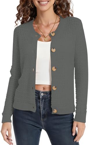 Cable Knit Cardigan Sweater Soft Long Sleeve Button Down Sweaters, Deep Grey