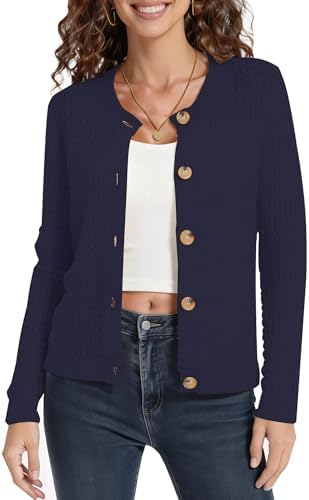Cable Knit Cardigan Sweater Soft Long Sleeve Button Down Sweaters, Navy Blue