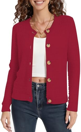 Cable Knit Cardigan Sweater Soft Long Sleeve Button Down Sweaters, Red