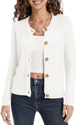 Cable Knit Cardigan Sweater Soft Long Sleeve Button Down Sweaters, White