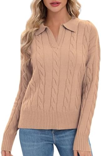 Cable Knit Sweaters Long Sleeve V Neck Pullover Polo Sweater Tops 2024 Winter Trendy Outfits, Camel