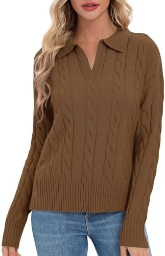 Cable Knit Sweaters Long Sleeve V Neck Pullover Polo Sweater Tops 2024 Winter Trendy Outfits, Chocolate