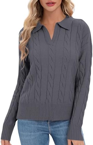 Cable Knit Sweaters Long Sleeve V Neck Pullover Polo Sweater Tops 2024 Winter Trendy Outfits, Deep Grey