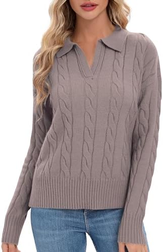 Cable Knit Sweaters Long Sleeve V Neck Pullover Polo Sweater Tops 2024 Winter Trendy Outfits, Grey Purple