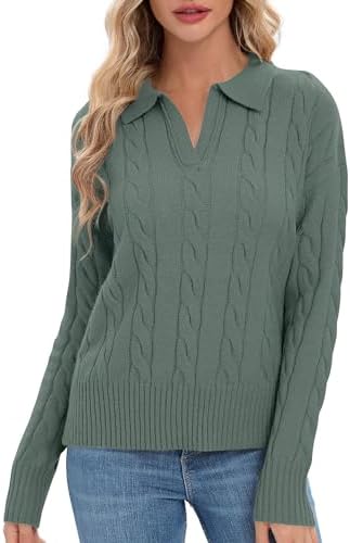 Cable Knit Sweaters Long Sleeve V Neck Pullover Polo Sweater Tops 2024 Winter Trendy Outfits, Greyish Green