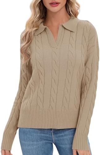 Cable Knit Sweaters Long Sleeve V Neck Pullover Polo Sweater Tops 2024 Winter Trendy Outfits, Khaki