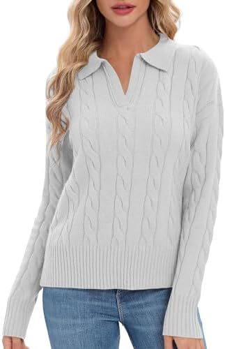 Cable Knit Sweaters Long Sleeve V Neck Pullover Polo Sweater Tops 2024 Winter Trendy Outfits, Light Grey