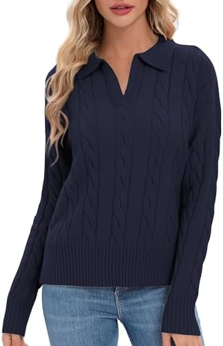 Cable Knit Sweaters Long Sleeve V Neck Pullover Polo Sweater Tops 2024 Winter Trendy Outfits, Navy Blue