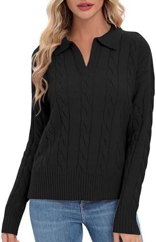 Cable Knit Sweaters Long Sleeve V Neck Pullover Polo Sweater Tops 2024 Winter Trendy Outfits